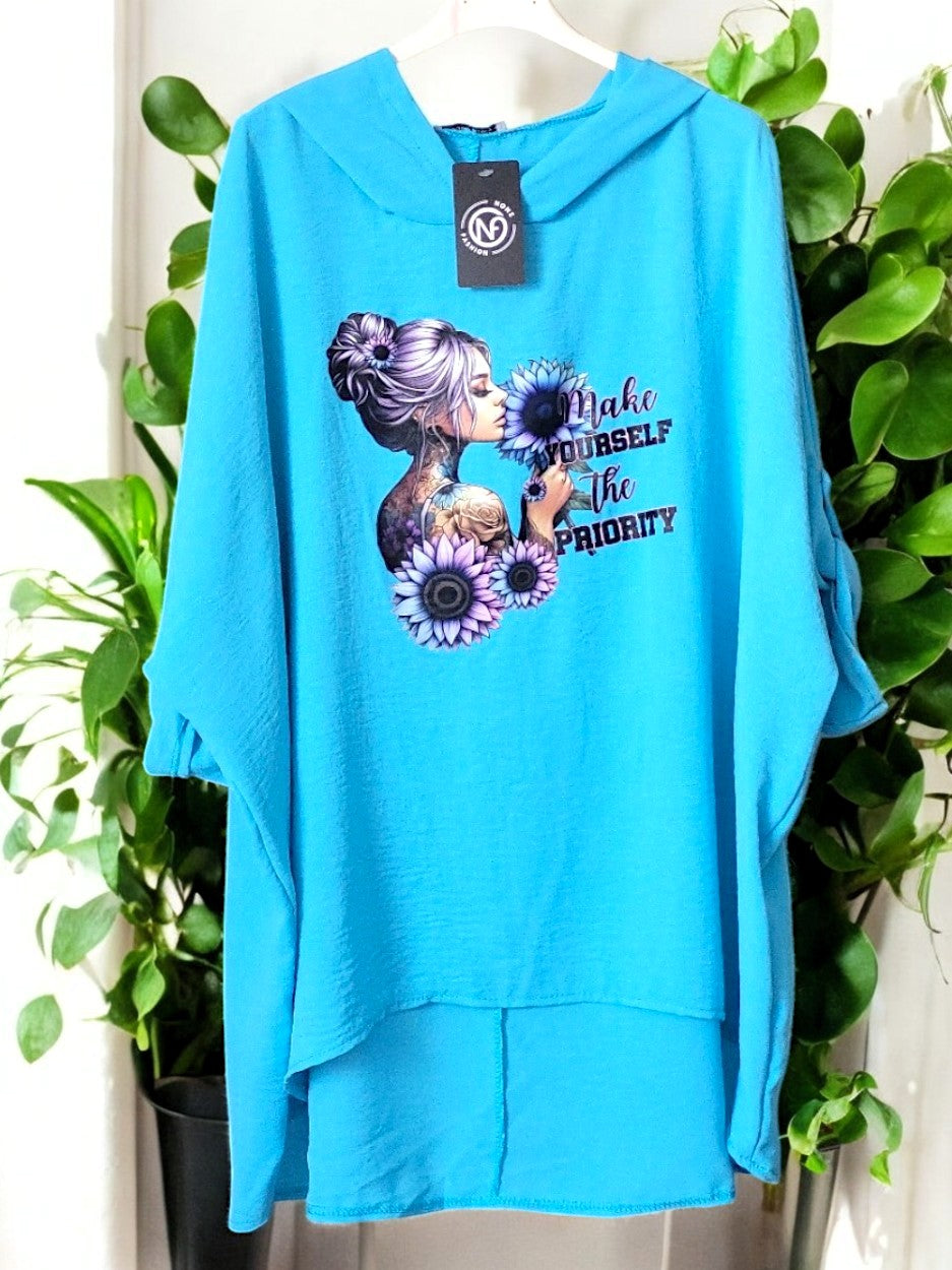 🌸 Blusen-Hoodie "Make Yourself the Priority" 🌸Gr. 46 - 54 in vielen Farben