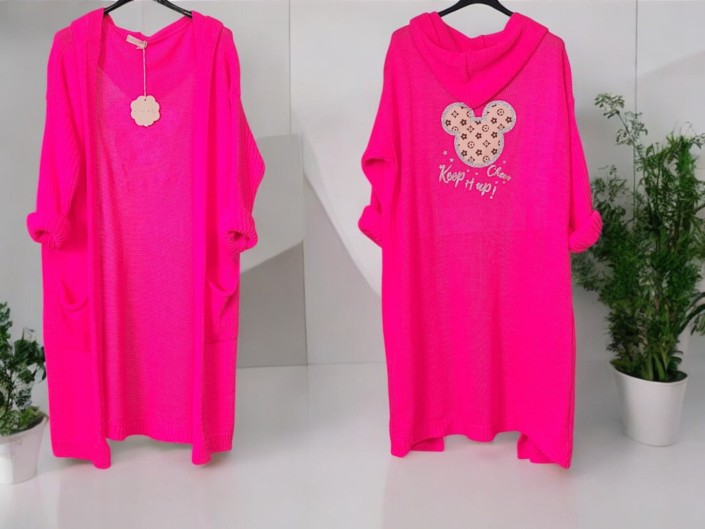 🧥 Oversize Cardigan mit Kapuze – "Keep it up!" 🐭 – Gr. 38–46 – in 5 Farben 🌸🖤💚🤍💗