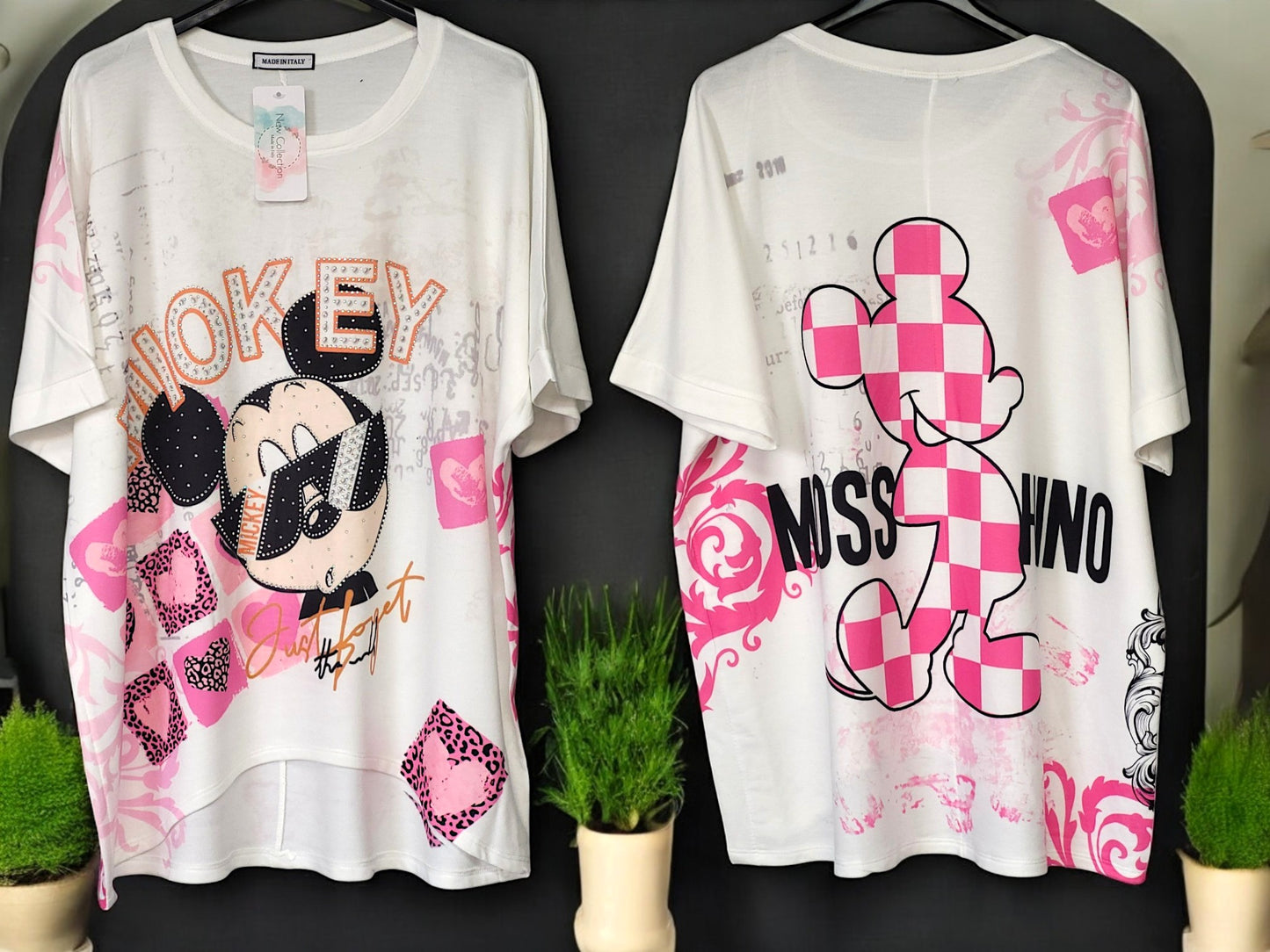 👕 Damen Kurzarm-Shirt mit Strass & Rückenprint – Gr. 42–48 – verschiedene Farben