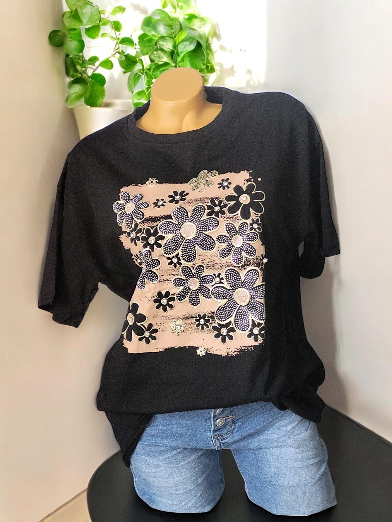 ✨ Damen Kurzarm-Shirt mit Strass – in verschiedenen Farben – Gr. M/L & XL/2XL ✨