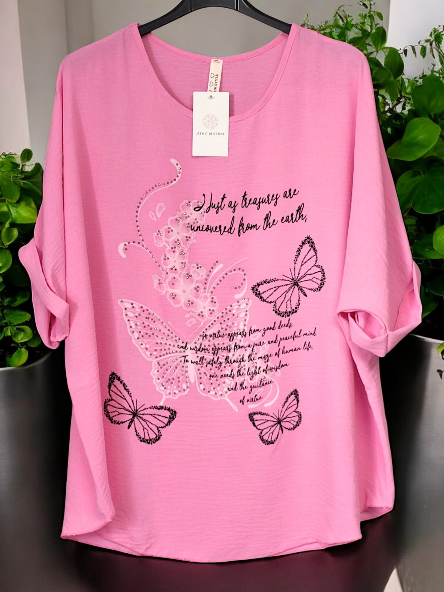 ✨ Blusenshirt mit Strass & Schmetterlingsmotiv – Gr. 42–48 – in 7 Farben erhältlich ✨