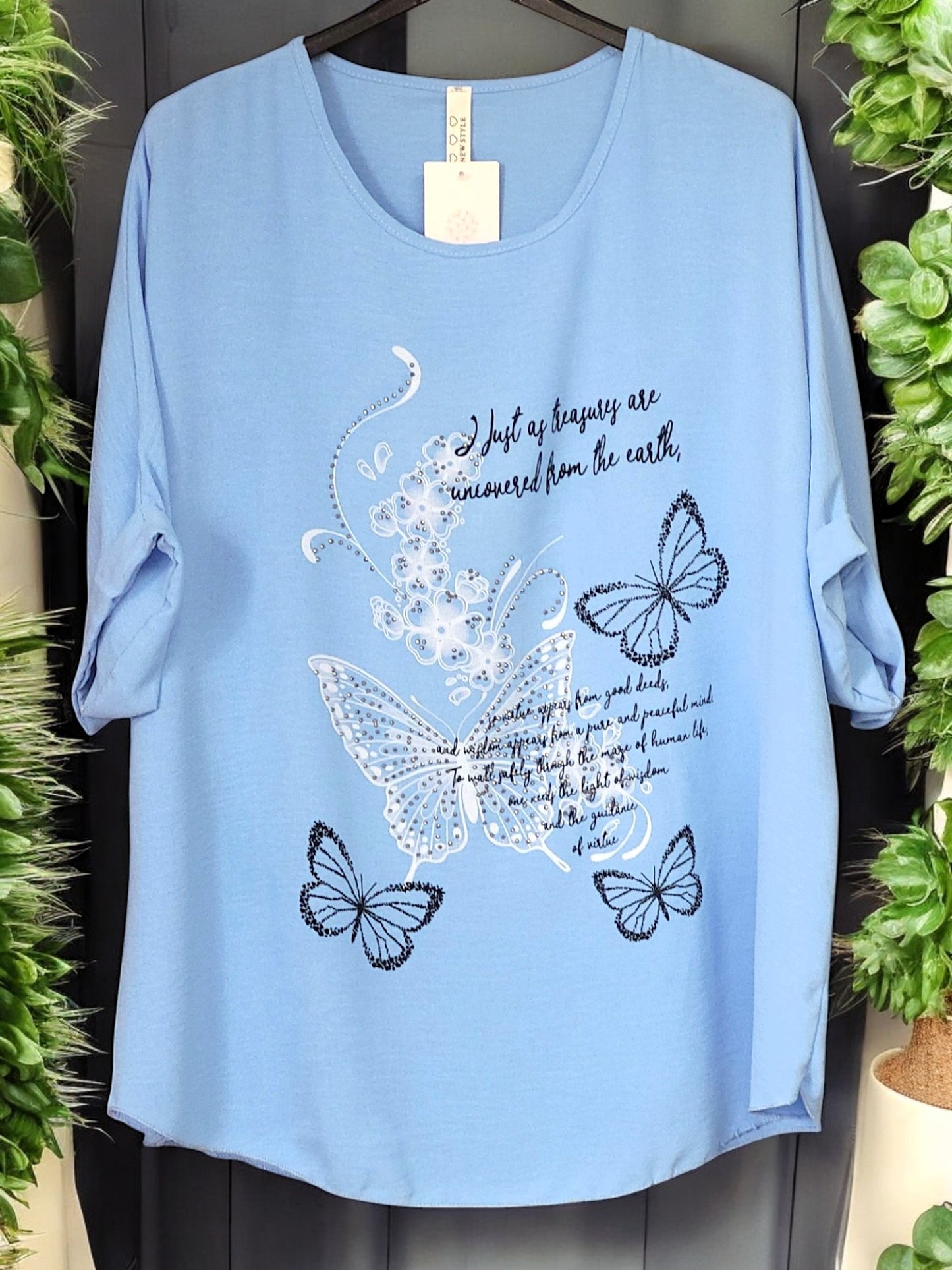 ✨ Blusenshirt mit Strass & Schmetterlingsmotiv – Gr. 42–48 – in 7 Farben erhältlich ✨