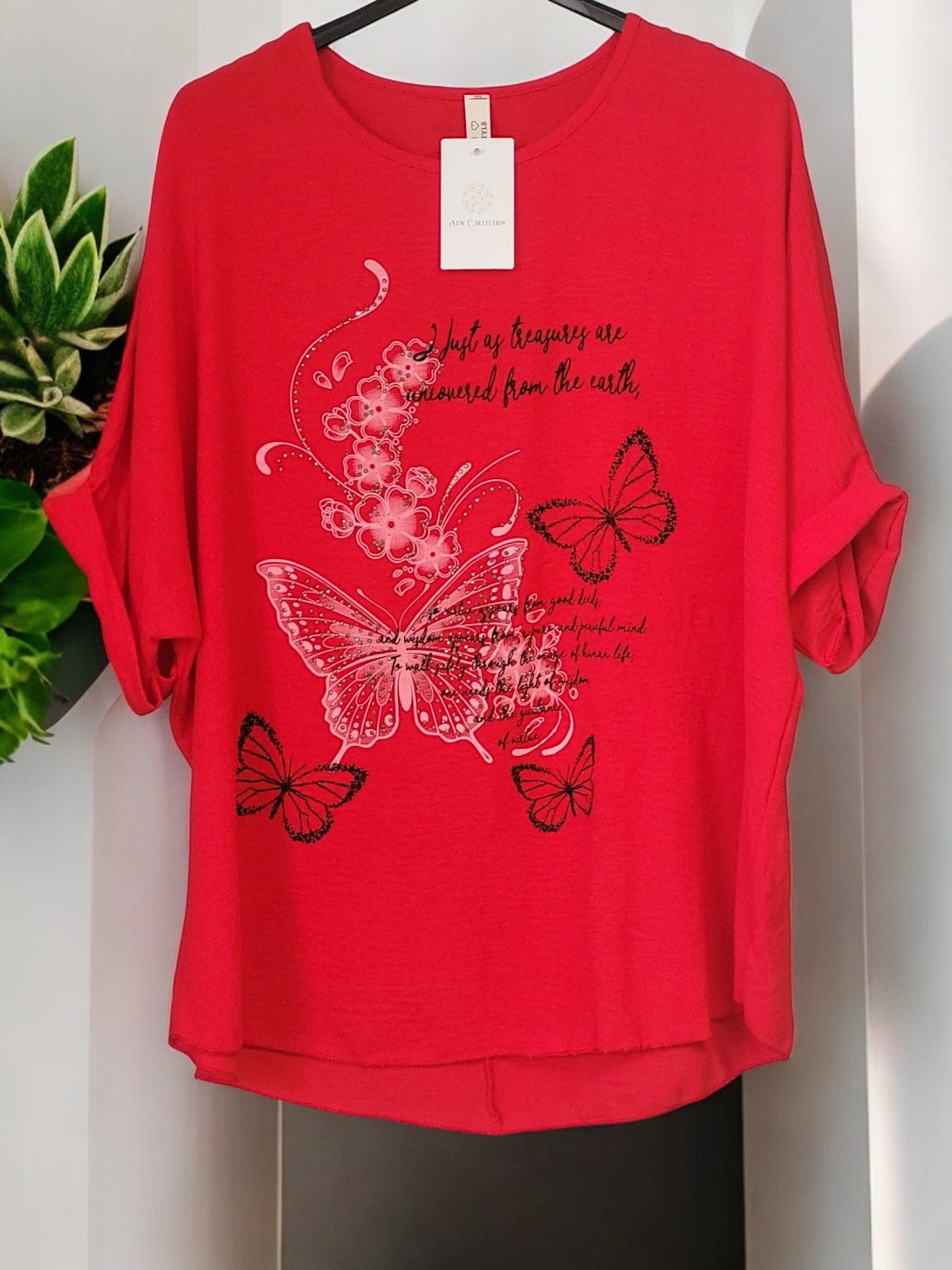 ✨ Blusenshirt mit Strass & Schmetterlingsmotiv – Gr. 42–48 – in 7 Farben erhältlich ✨