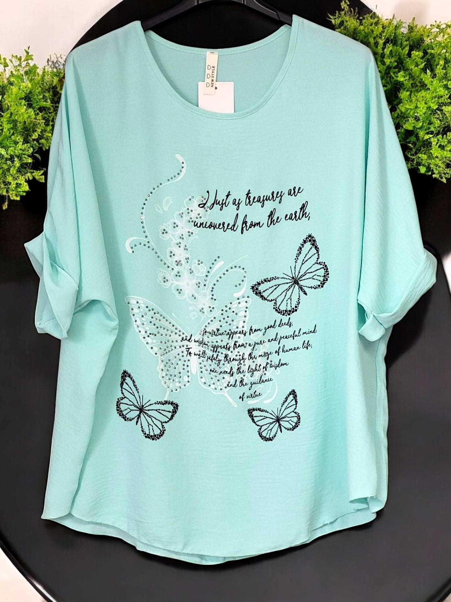✨ Blusenshirt mit Strass & Schmetterlingsmotiv – Gr. 42–48 – in 7 Farben erhältlich ✨