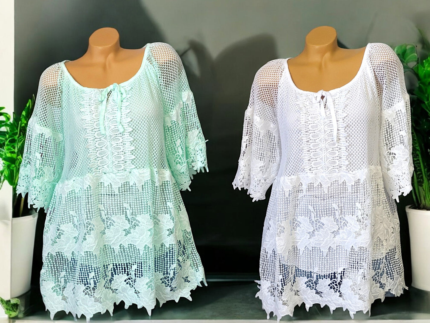 🌸✨ Romantische Spitzen-Tunika mit angenähtem Top 🌿 | Onesize Gr. 38-42 | 2 Farben ✨🌸