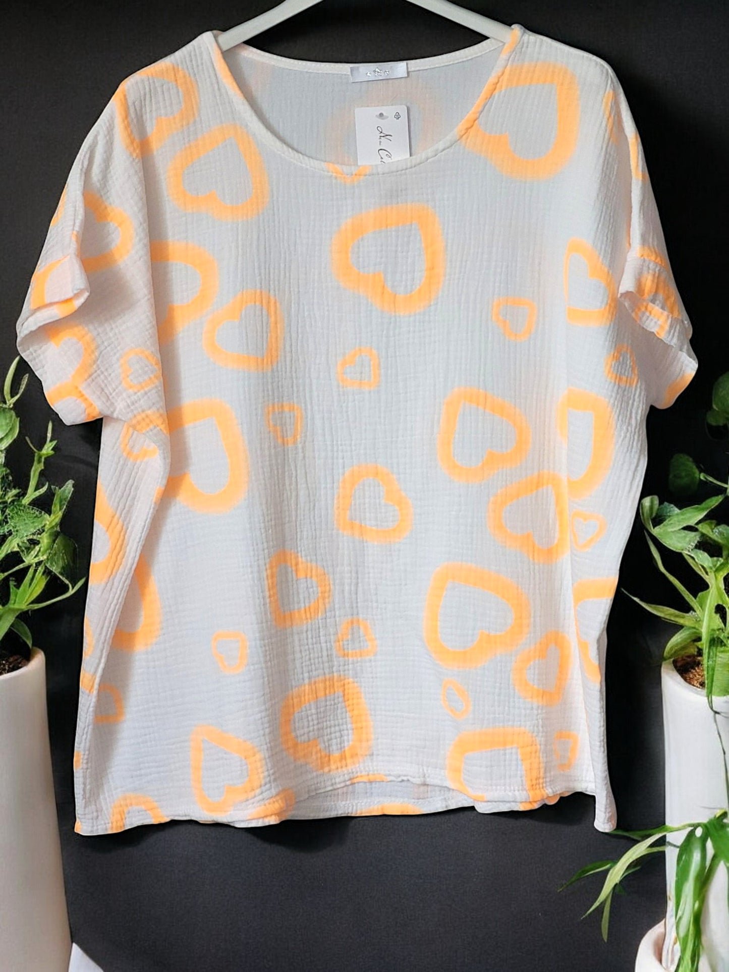 🛍️ Musselin-Shirt "Heart" – erhältlich in 9 frischen Farben, Gr. 42-46 💖💙💚💛🖤🤍