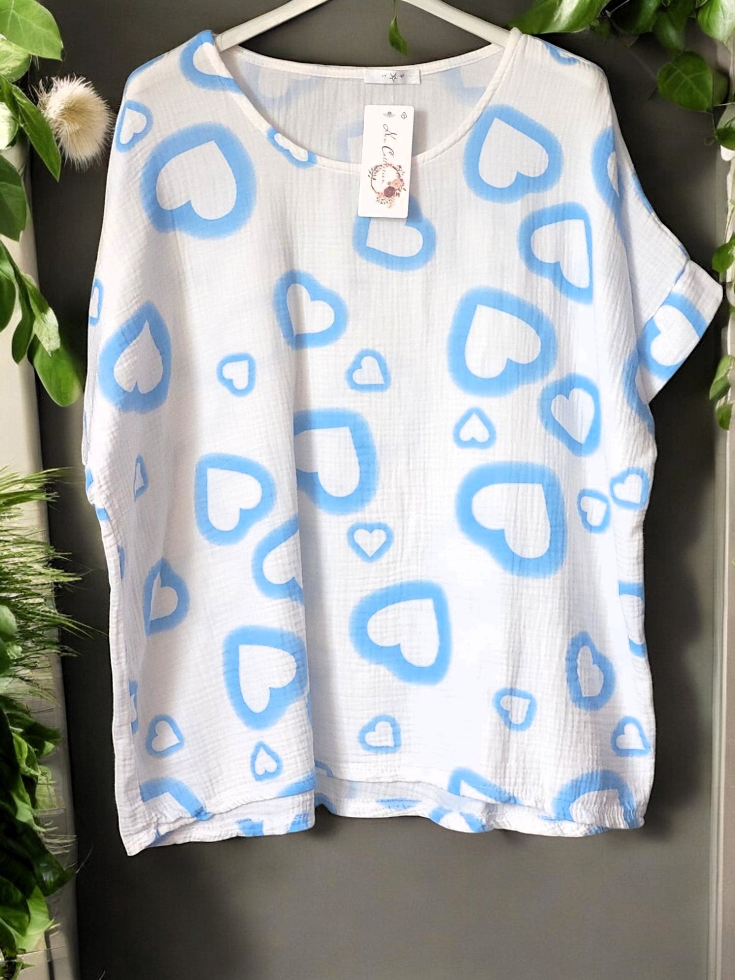 🛍️ Musselin-Shirt "Heart" – erhältlich in 9 frischen Farben, Gr. 42-46 💖💙💚💛🖤🤍