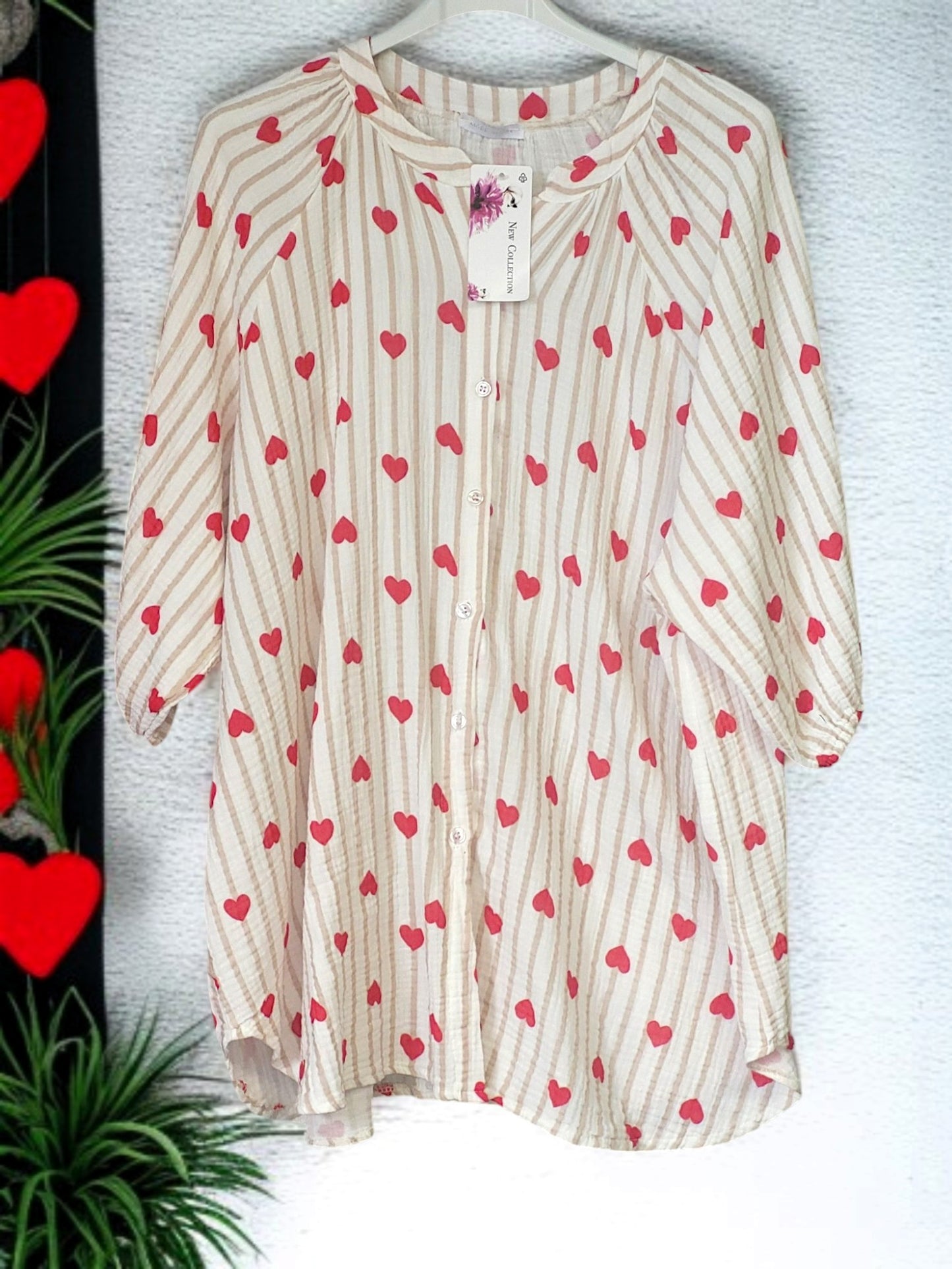 🩷 Musselin-Bluse mit Herzprint 💕 – 2 Farben – Onesize Gr. 42–48 🌸