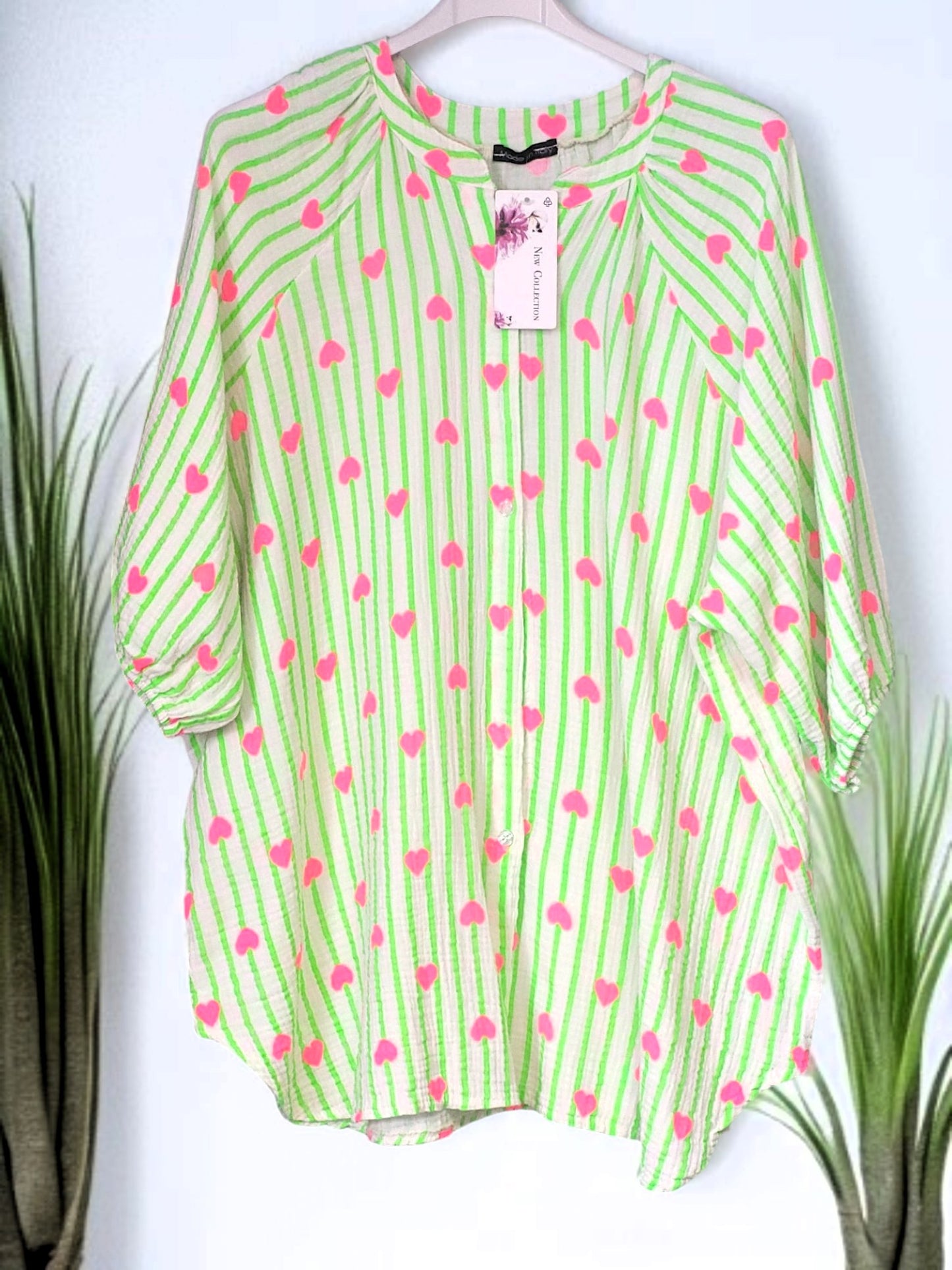 🩷 Musselin-Bluse mit Herzprint 💕 – 2 Farben – Onesize Gr. 42–48 🌸