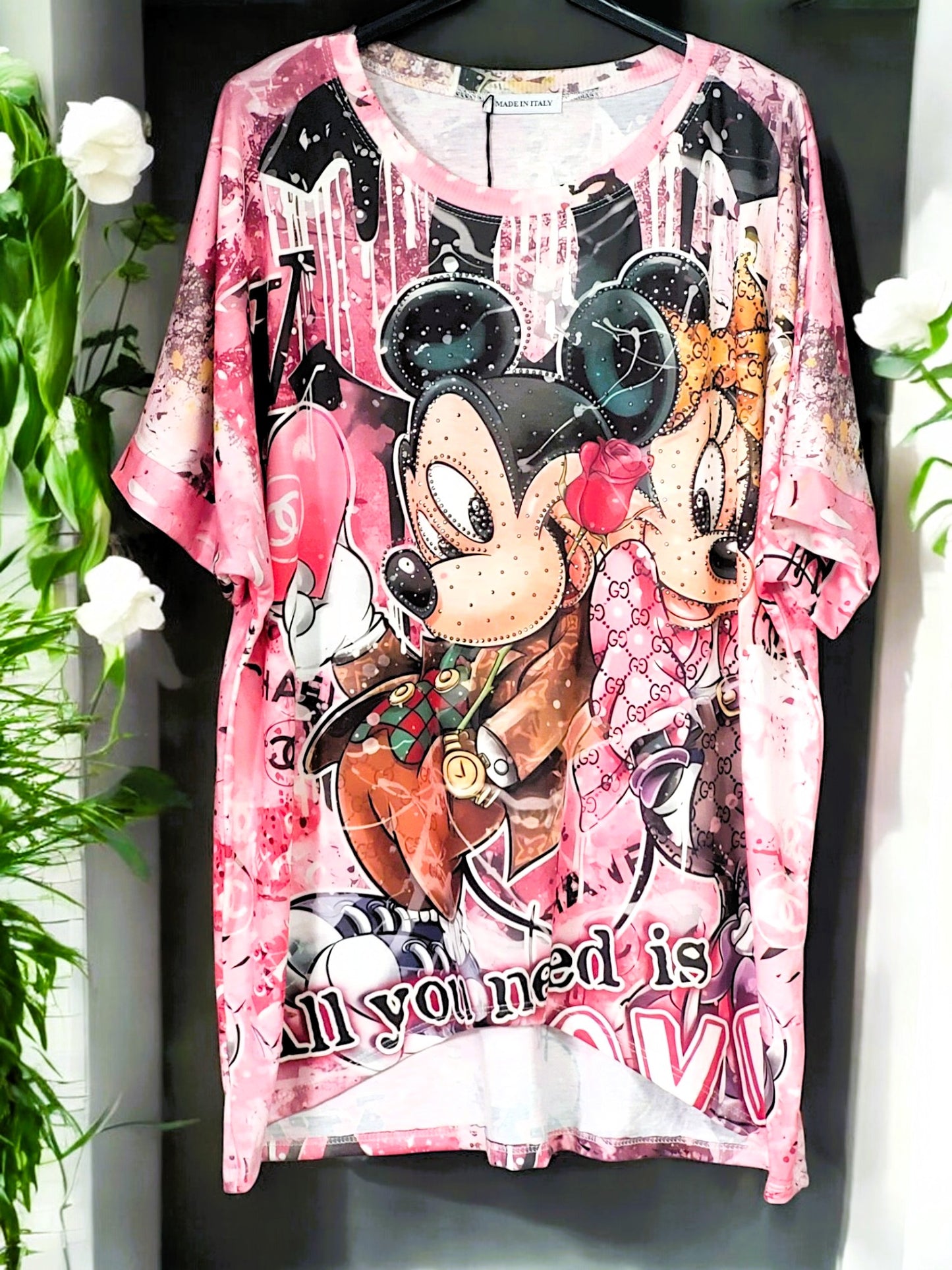 👚✨ Oversize-Motiv-Shirt mit Strass – 3 Farben – Gr. 42–48 – vorne kürzer, hinten länger 💖💎