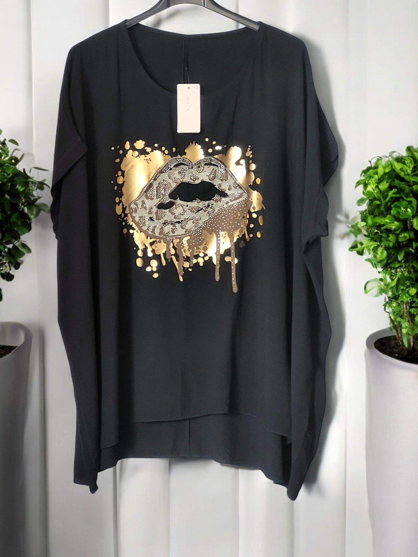 💋 Oversize-Shirt „Mund“ mit Strass – 7 Farben – passend für Gr. 44–48 ✨