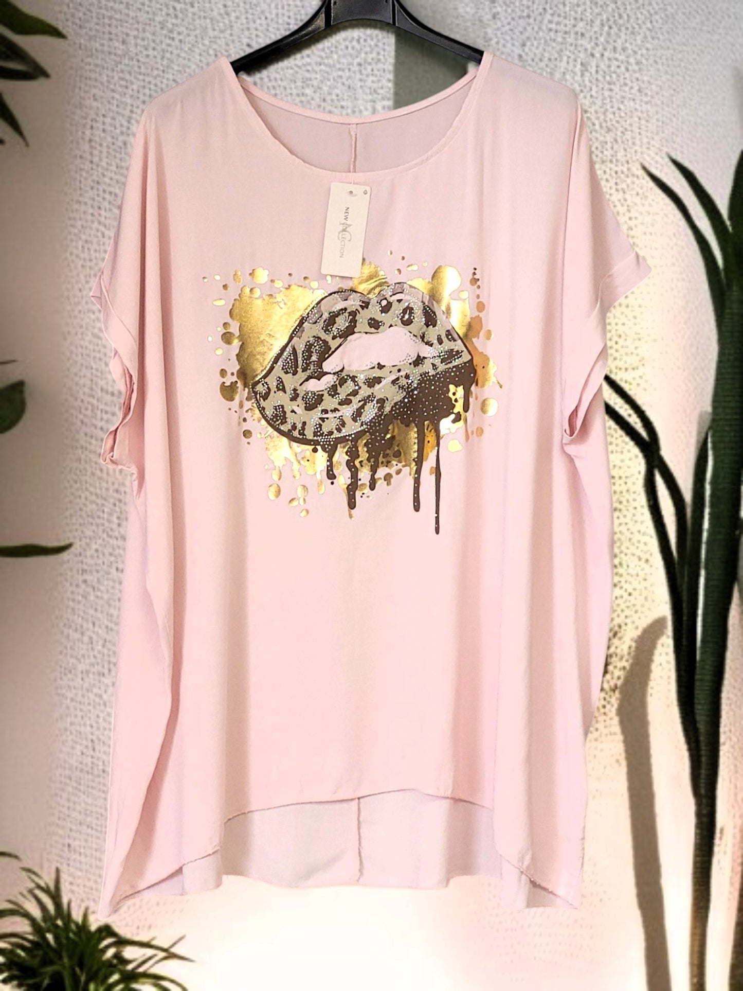 💋 Oversize-Shirt „Mund“ mit Strass – 7 Farben – passend für Gr. 44–48 ✨
