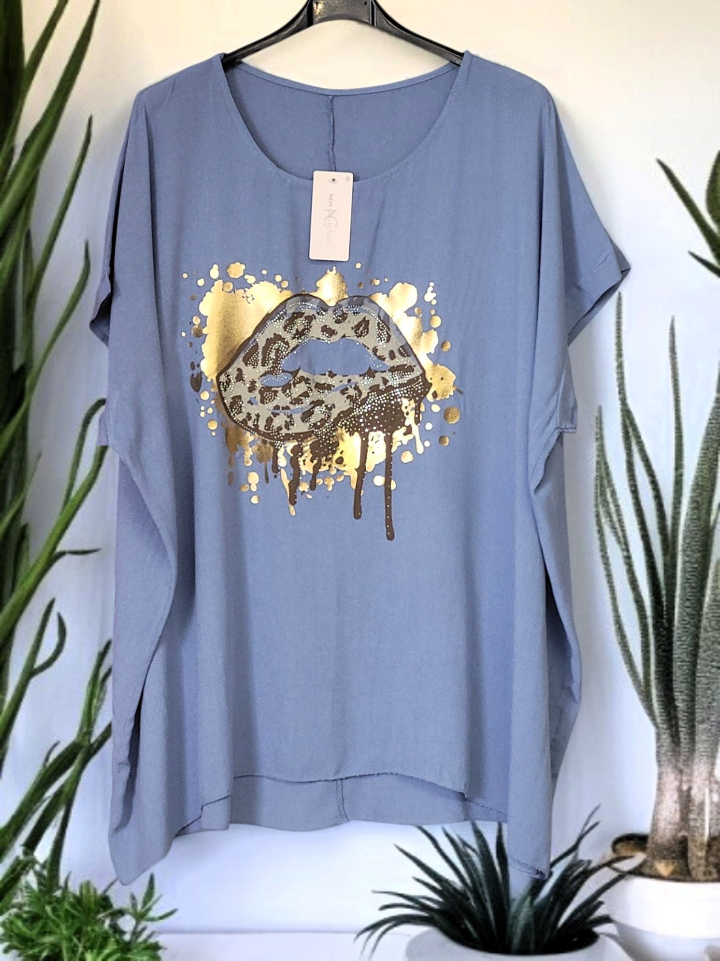 💋 Oversize-Shirt „Mund“ mit Strass – 7 Farben – passend für Gr. 44–48 ✨
