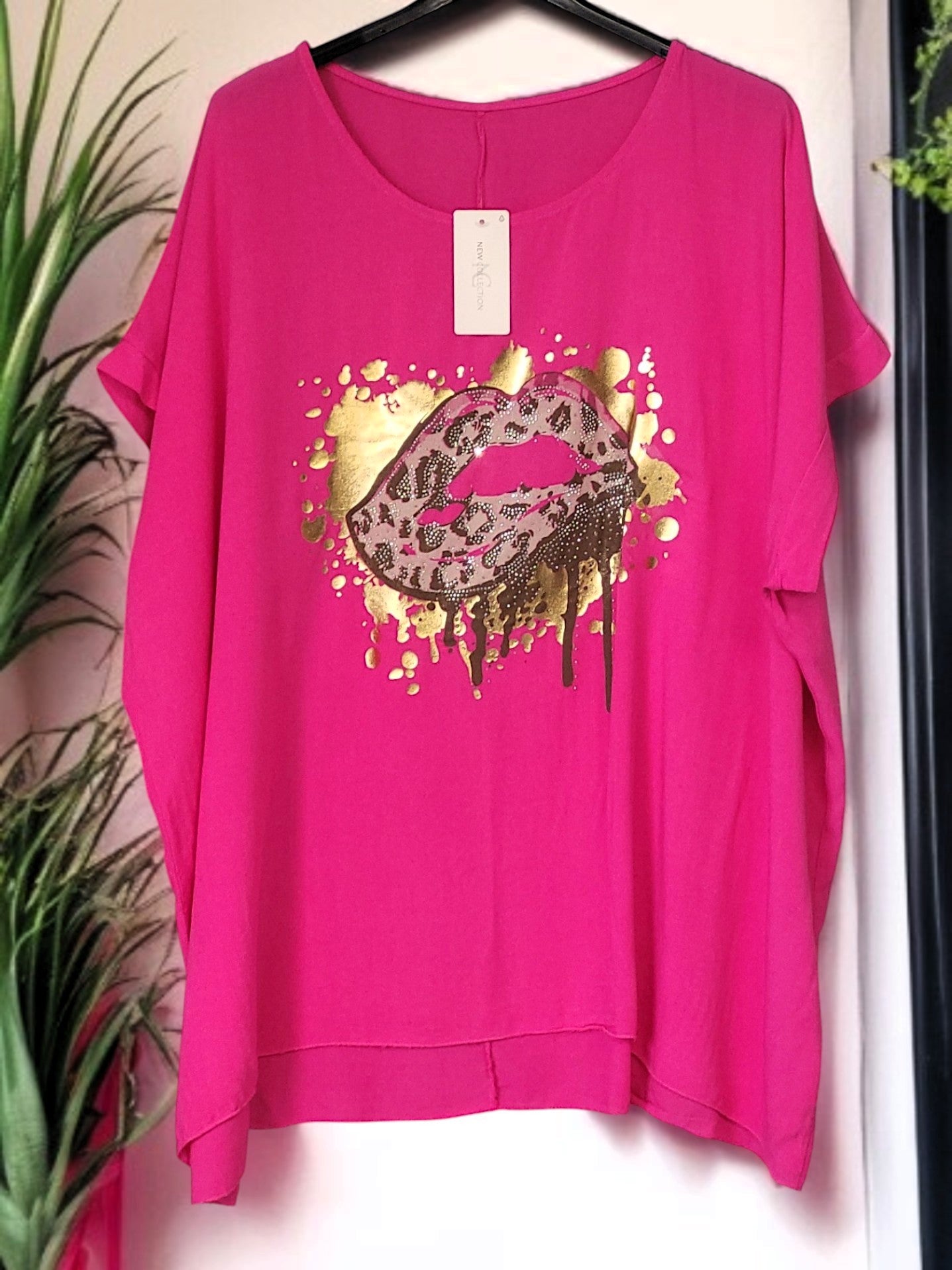 💋 Oversize-Shirt „Mund“ mit Strass – 7 Farben – passend für Gr. 44–48 ✨