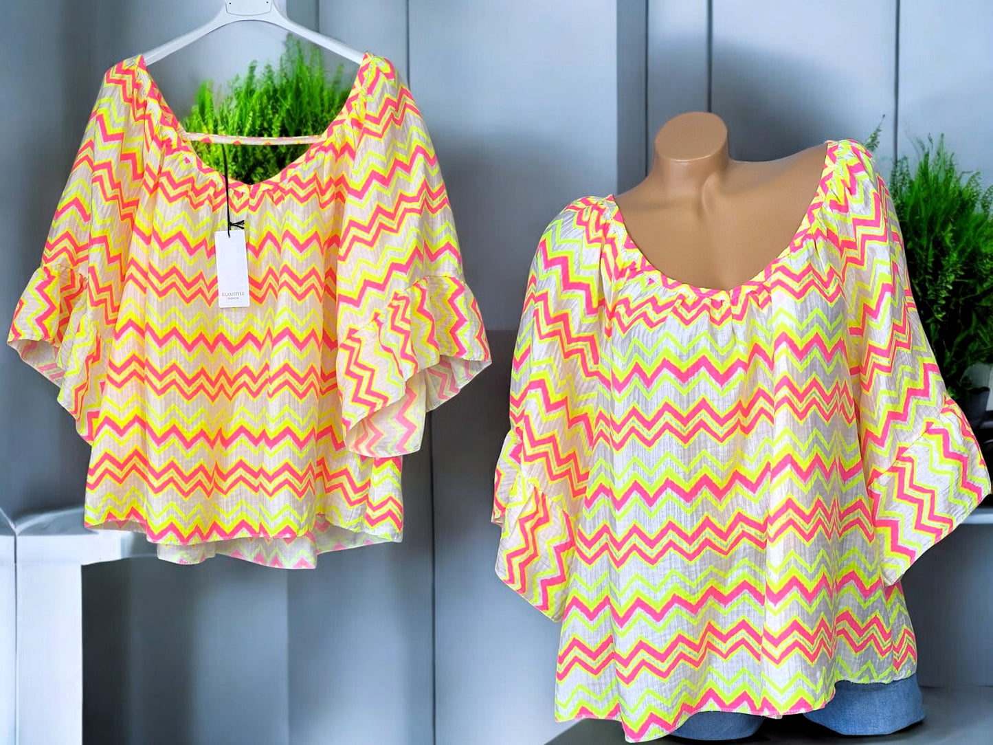 🌟 Oversize-Tunika mit Zickzack-Muster – 2 Farben 🌈 | Größe 38–44/46 | Sommerleicht & Stilvoll 💃
