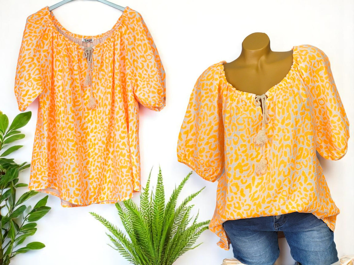 🌈 Leoparden-Musselin-Tunika aus 100 % Baumwolle – 7 Farben | Gr. 42–46/48 🐆✨