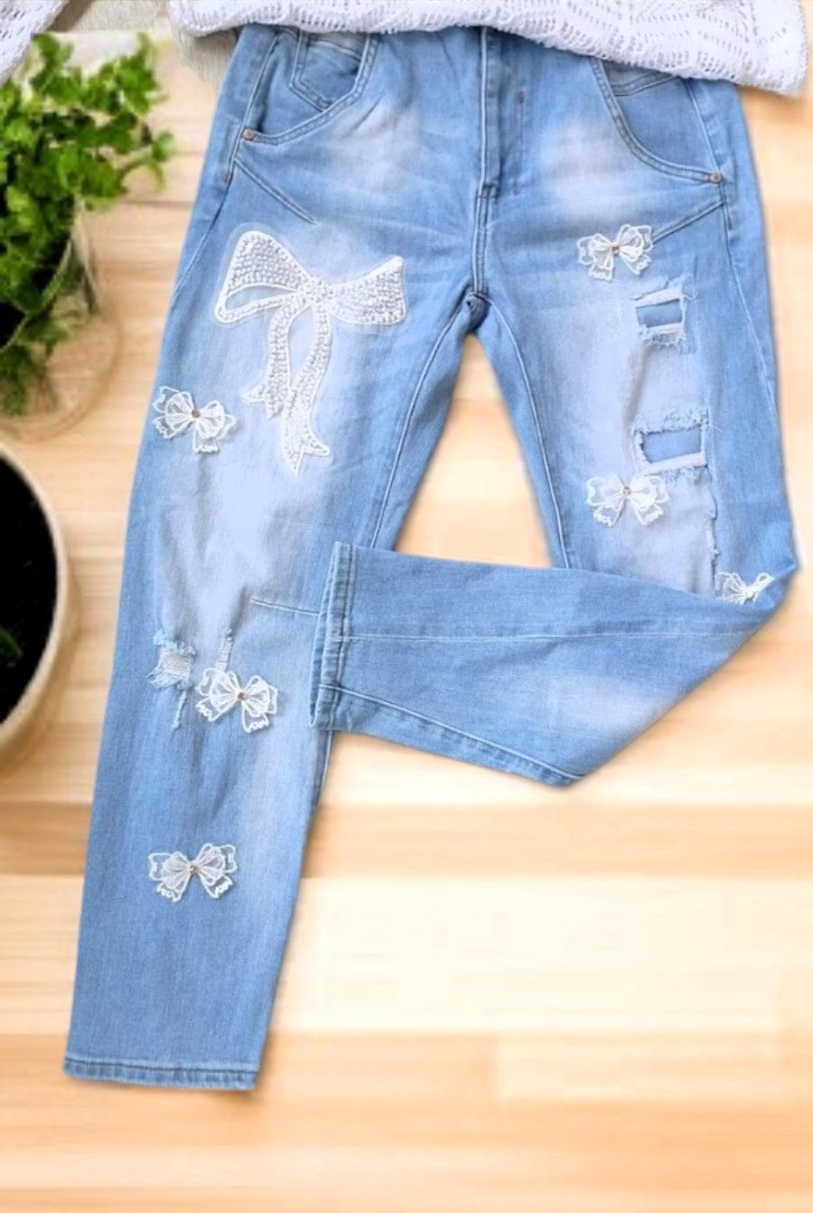 👖✨ Sexy Woman Jeans mit Perlen-Schleifen & süßen 3D-Tüllschleifchen ✨👖