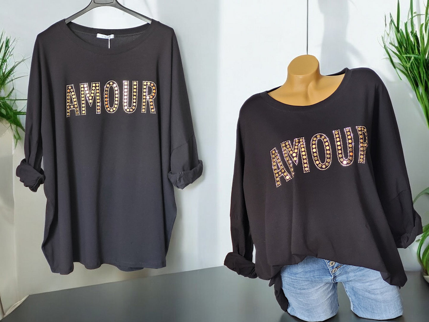 Trendiges Sweatshirt Amour mit Nieten Gr. 48 - 54
