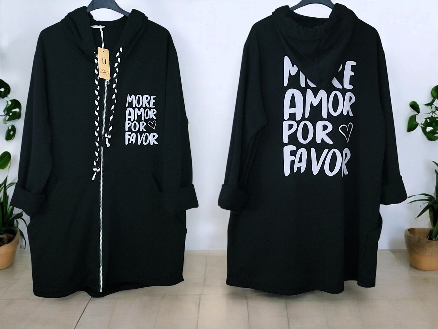✨ Sweatjacke mit Kapuze & Statement-Print "MORE AMOR POR FAVOR" 🌸 Gr. 38-46 | 4 Farben zur Auswahl 🖤🤎🤍🌿