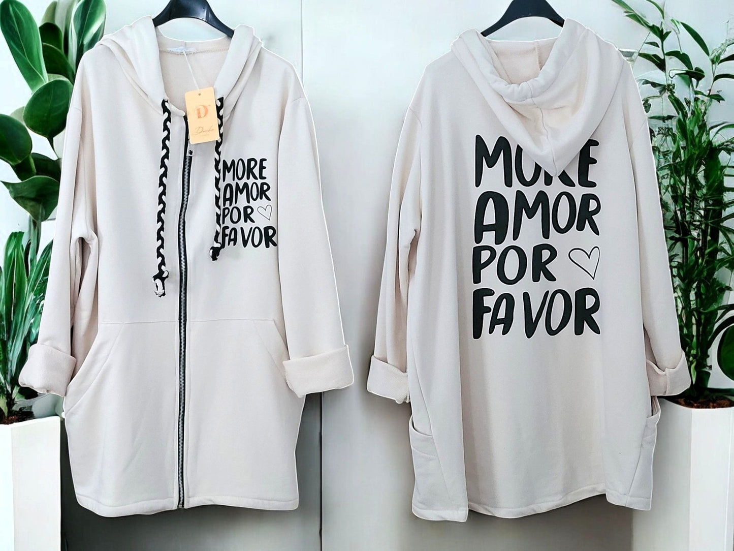 ✨ Sweatjacke mit Kapuze & Statement-Print "MORE AMOR POR FAVOR" 🌸 Gr. 38-46 | 4 Farben zur Auswahl 🖤🤎🤍🌿