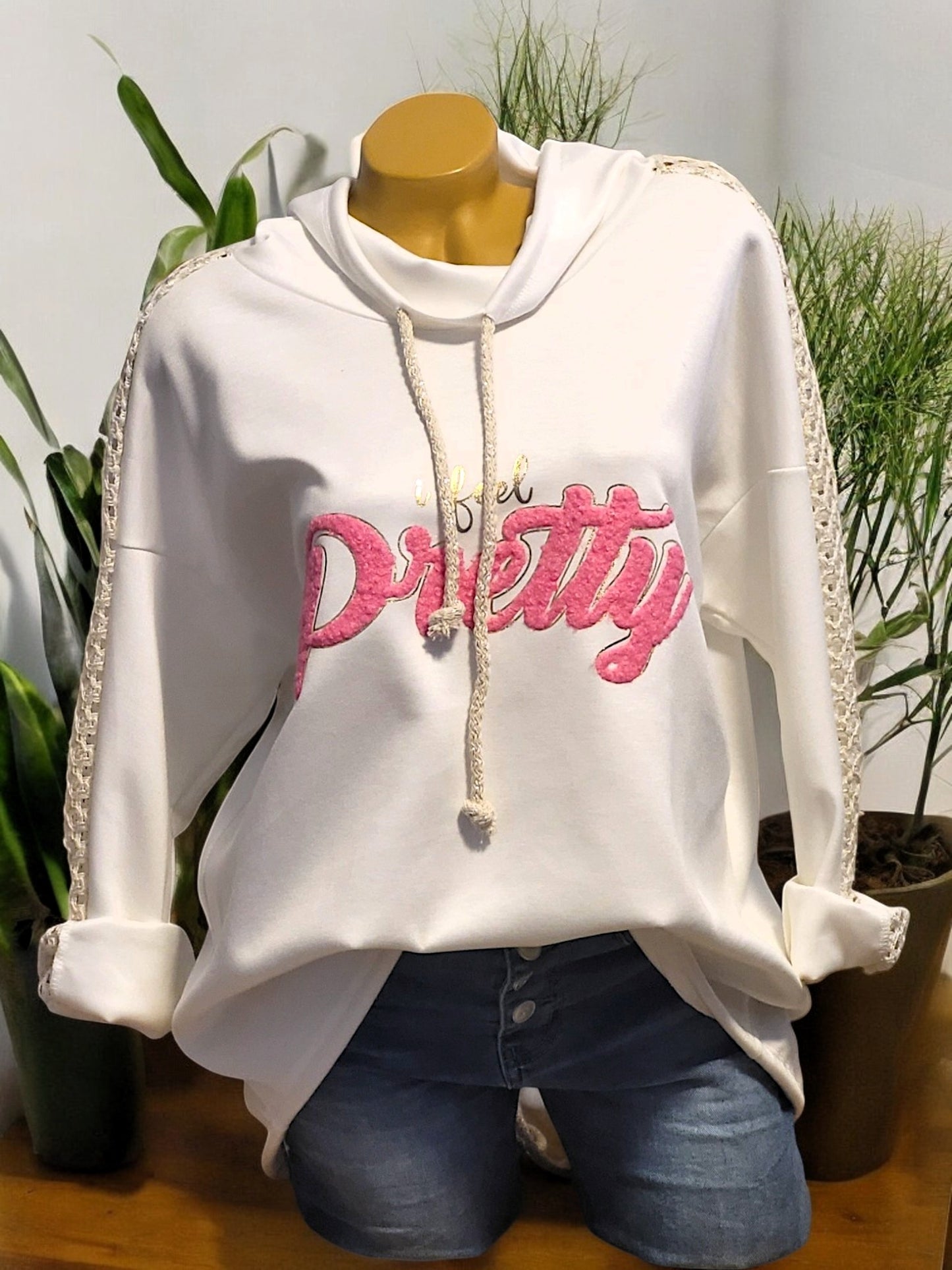 ✨ Hoodie "I Feel Pretty" mit Spitze 🌸 – Gr. 42-46 – 5 Farben zur Auswahl 🛍️