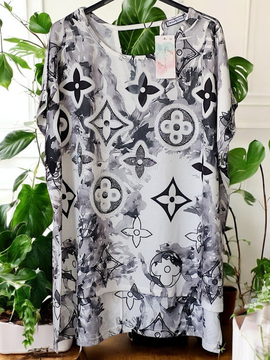 👗✨ Elegantes Vokuhila-Shirt mit Strass & Ornamenten ✨👗Gr. 44 - 48/50 in 3 Farben