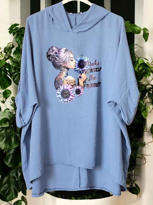 🌸 Blusen-Hoodie "Make Yourself the Priority" 🌸Gr. 46 - 54 in vielen Farben