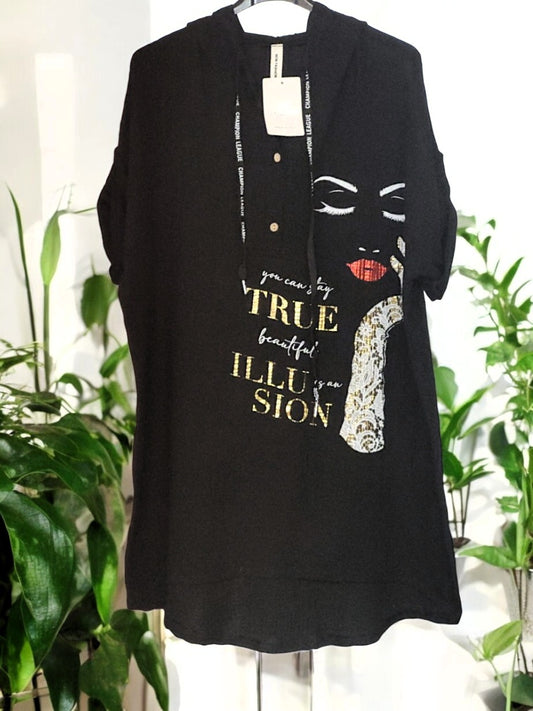 🖤 Stylischer Musselin-Hoodie mit Gesicht-Print – Gr. 42-46 🖤