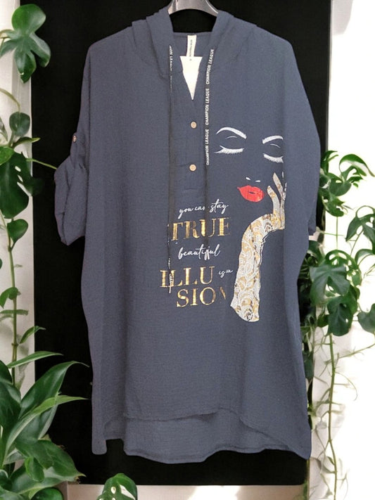 🖤 Stylischer Musselin-Hoodie mit Gesicht-Print – Gr. 42-46 🖤
