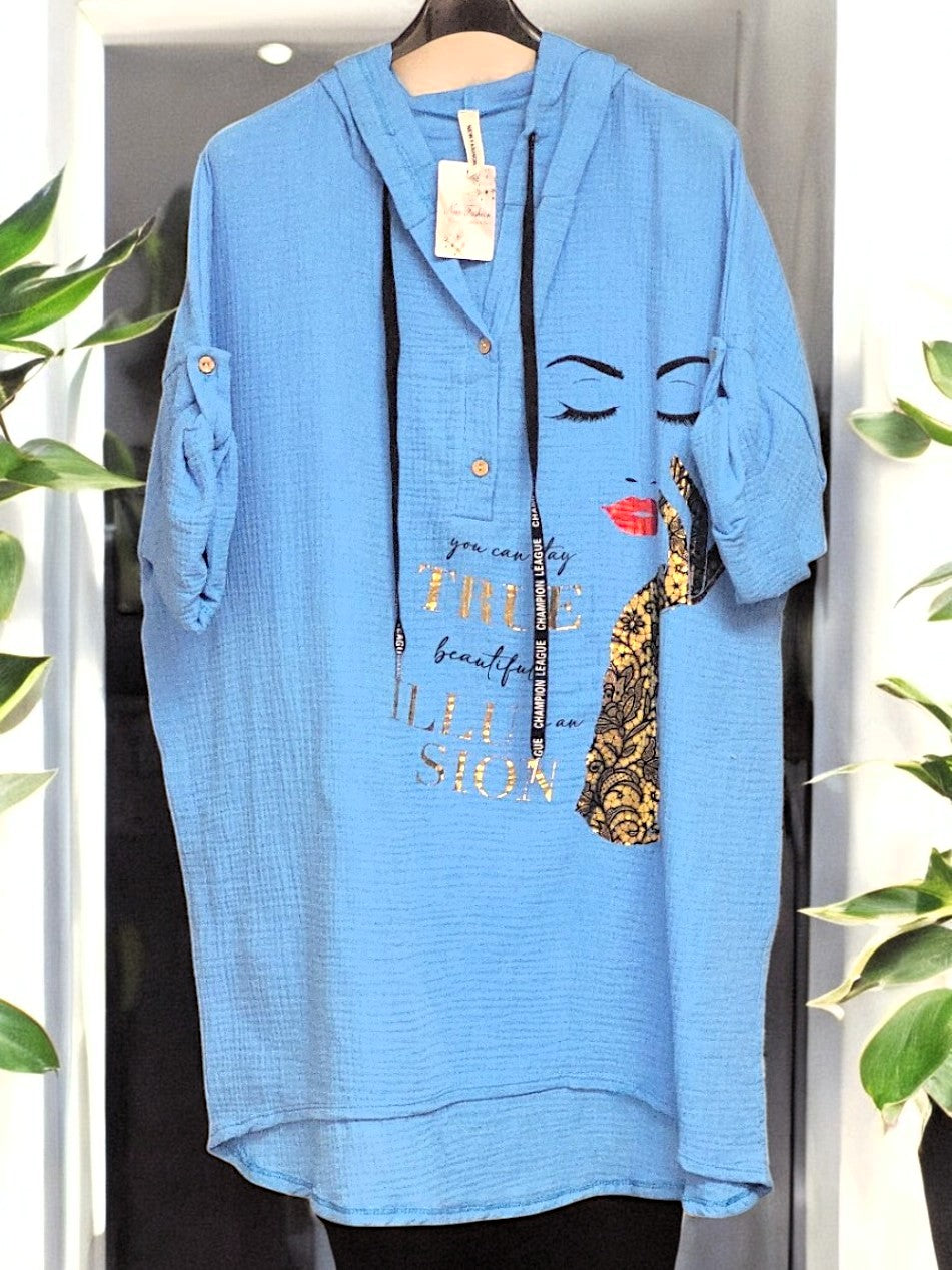 🖤 Stylischer Musselin-Hoodie mit Gesicht-Print – Gr. 42-46 🖤