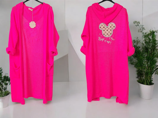 🧥 Oversize Cardigan mit Kapuze – "Keep it up!" 🐭 – Gr. 38–46 – in 5 Farben 🌸🖤💚🤍💗