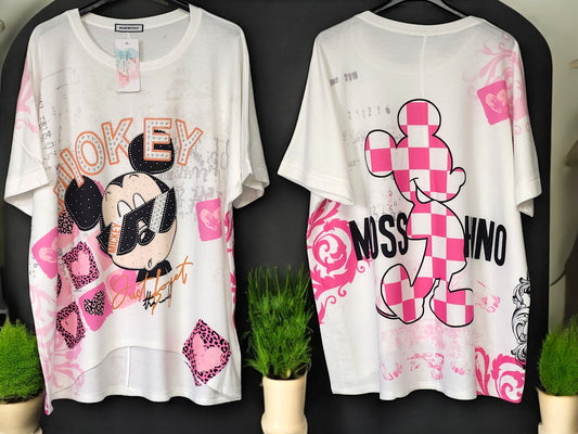 👕 Damen Kurzarm-Shirt mit Strass & Rückenprint – Gr. 42–48 – verschiedene Farben