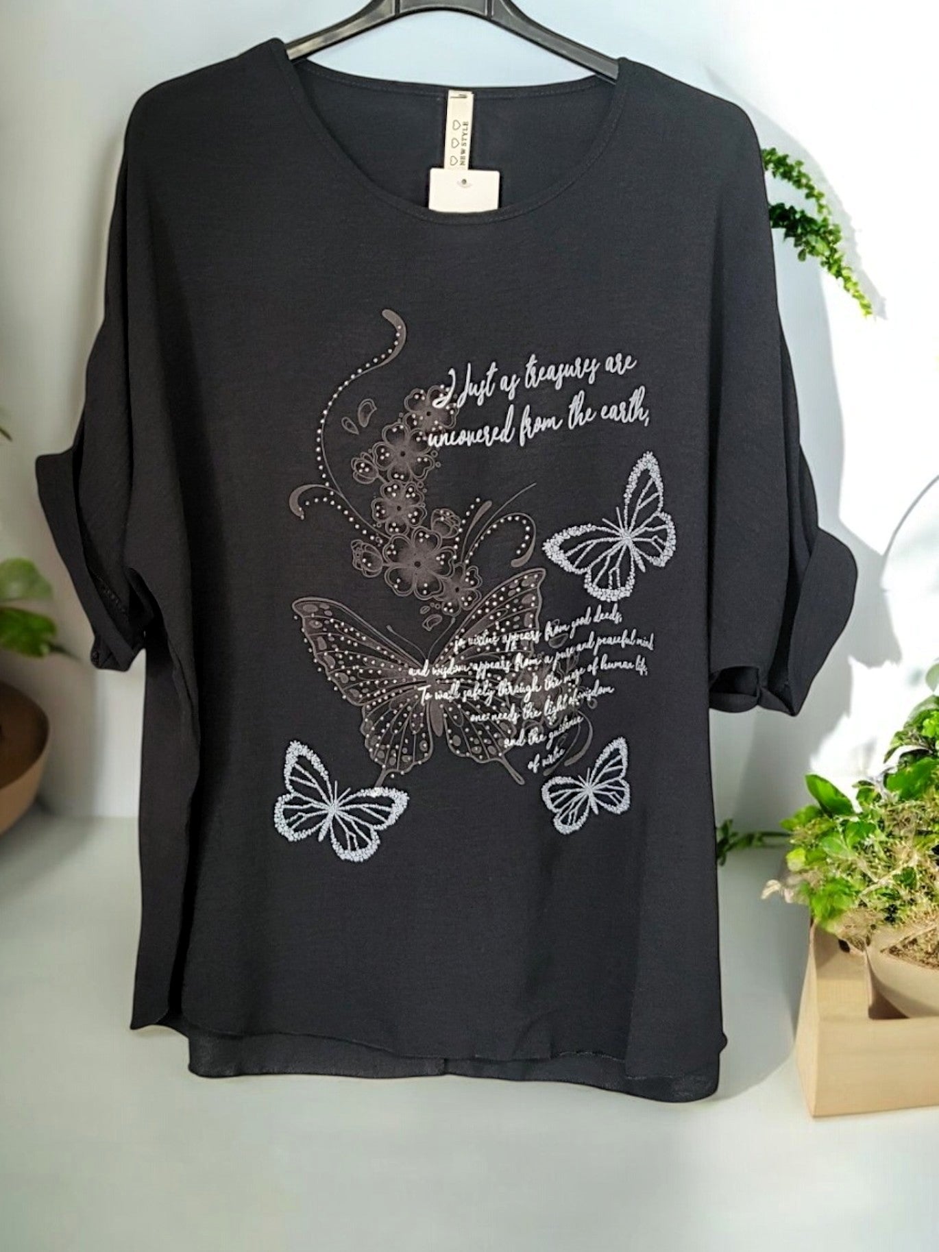 ✨ Blusenshirt mit Strass & Schmetterlingsmotiv – Gr. 42–48 – in 7 Farben erhältlich ✨
