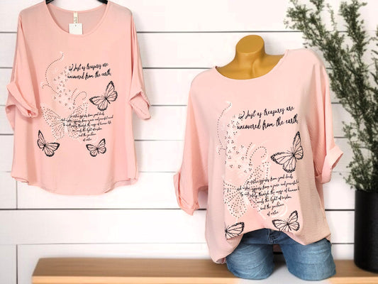 ✨ Blusenshirt mit Strass & Schmetterlingsmotiv – Gr. 42–48 – in 7 Farben erhältlich ✨
