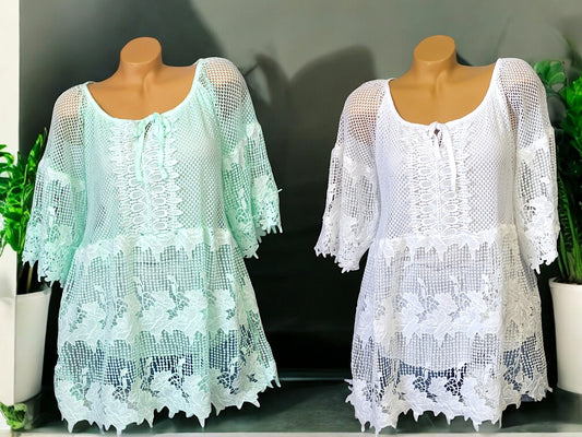 🌸✨ Romantische Spitzen-Tunika mit angenähtem Top 🌿 | Onesize Gr. 38-42 | 2 Farben ✨🌸