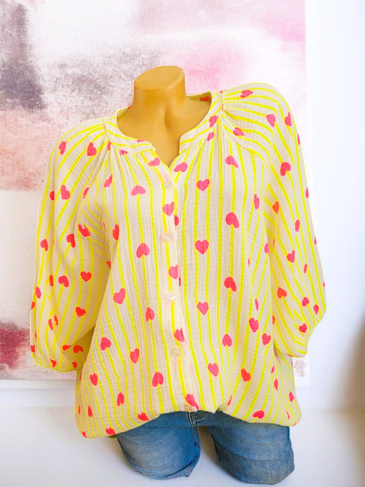 🩷 Musselin-Bluse mit Herzprint 💕 – 2 Farben – Onesize Gr. 42–48 🌸