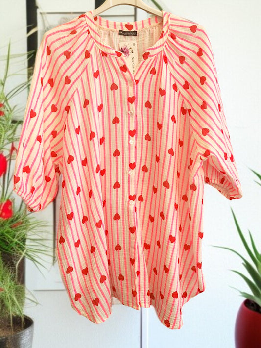 🩷 Musselin-Bluse mit Herzprint 💕 – 2 Farben – Onesize Gr. 42–48 🌸