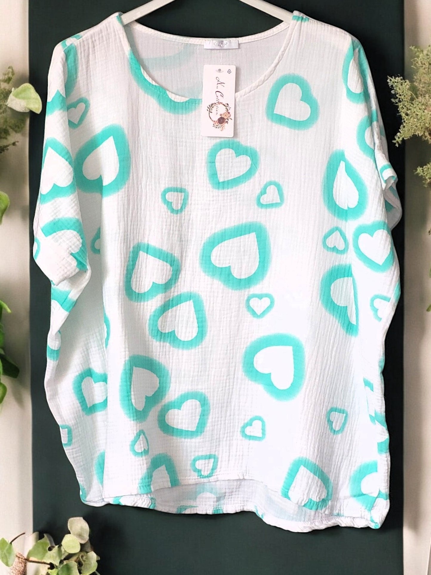 🛍️ Musselin-Shirt "Heart" – erhältlich in 9 frischen Farben, Gr. 42-46 💖💙💚💛🖤🤍