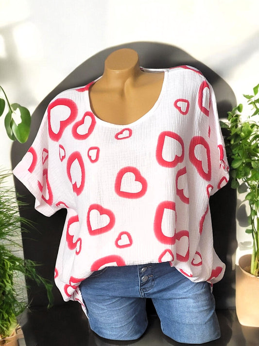 🛍️ Musselin-Shirt "Heart" – erhältlich in 9 frischen Farben, Gr. 42-46 💖💙💚💛🖤🤍
