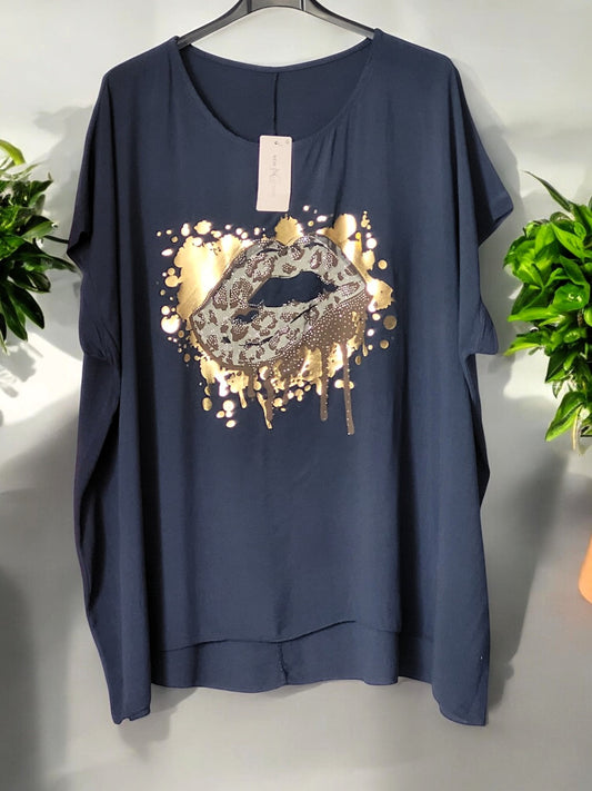 💋 Oversize-Shirt „Mund“ mit Strass – 7 Farben – passend für Gr. 44–48 ✨