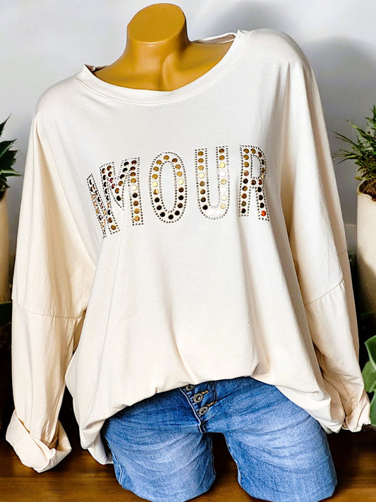 Trendiges Sweatshirt Amour mit Nieten Gr. 48 - 54