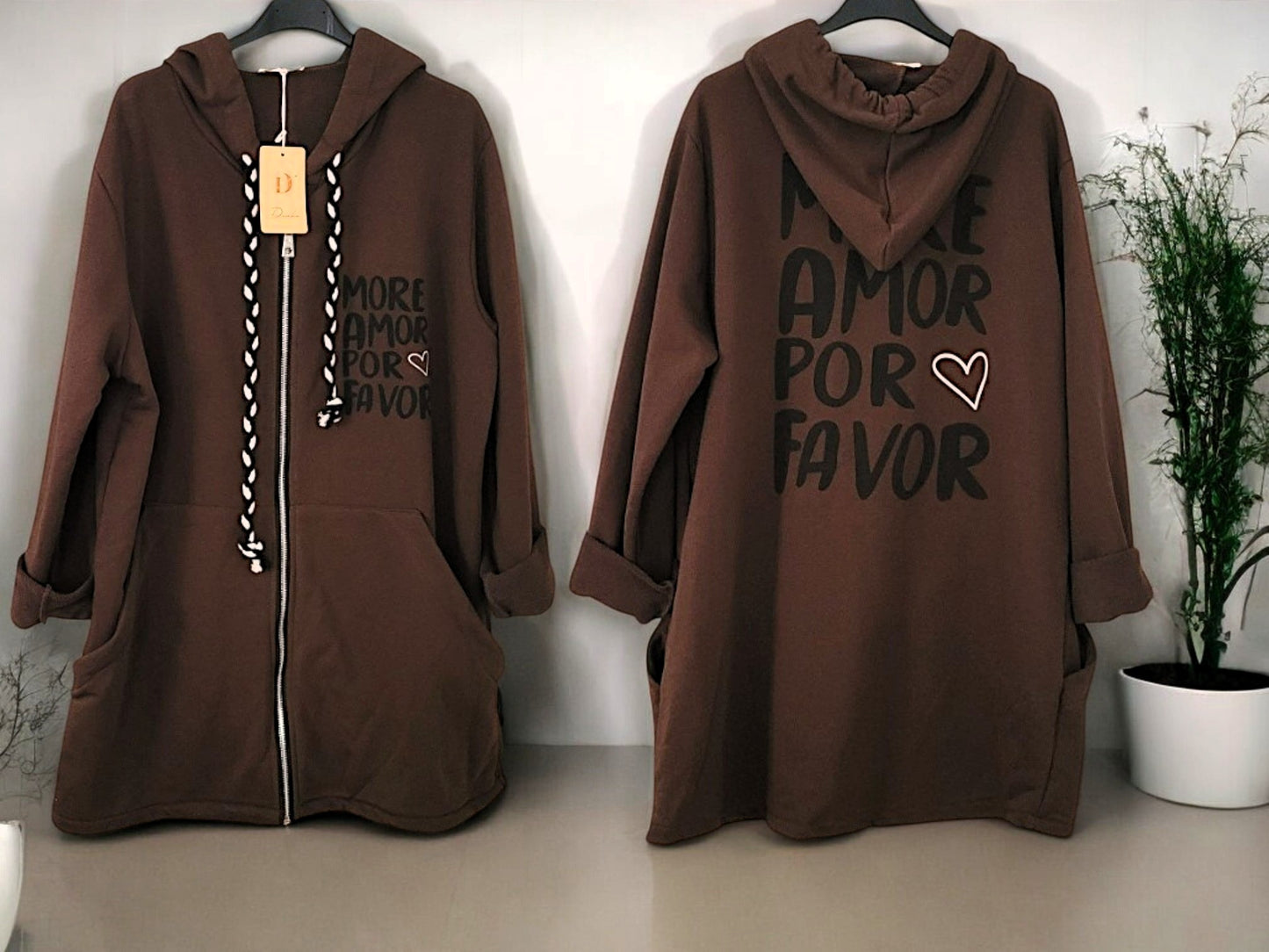 ✨ Sweatjacke mit Kapuze & Statement-Print "MORE AMOR POR FAVOR" 🌸  Gr. 38-46 | 4 Farben zur Auswahl 🖤🤎🤍🌿