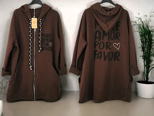 ✨ Sweatjacke mit Kapuze & Statement-Print "MORE AMOR POR FAVOR" 🌸  Gr. 38-46 | 4 Farben zur Auswahl 🖤🤎🤍🌿