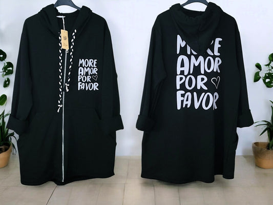 ✨ Sweatjacke mit Kapuze & Statement-Print "MORE AMOR POR FAVOR" 🌸  Gr. 38-46 | 4 Farben zur Auswahl 🖤🤎🤍🌿