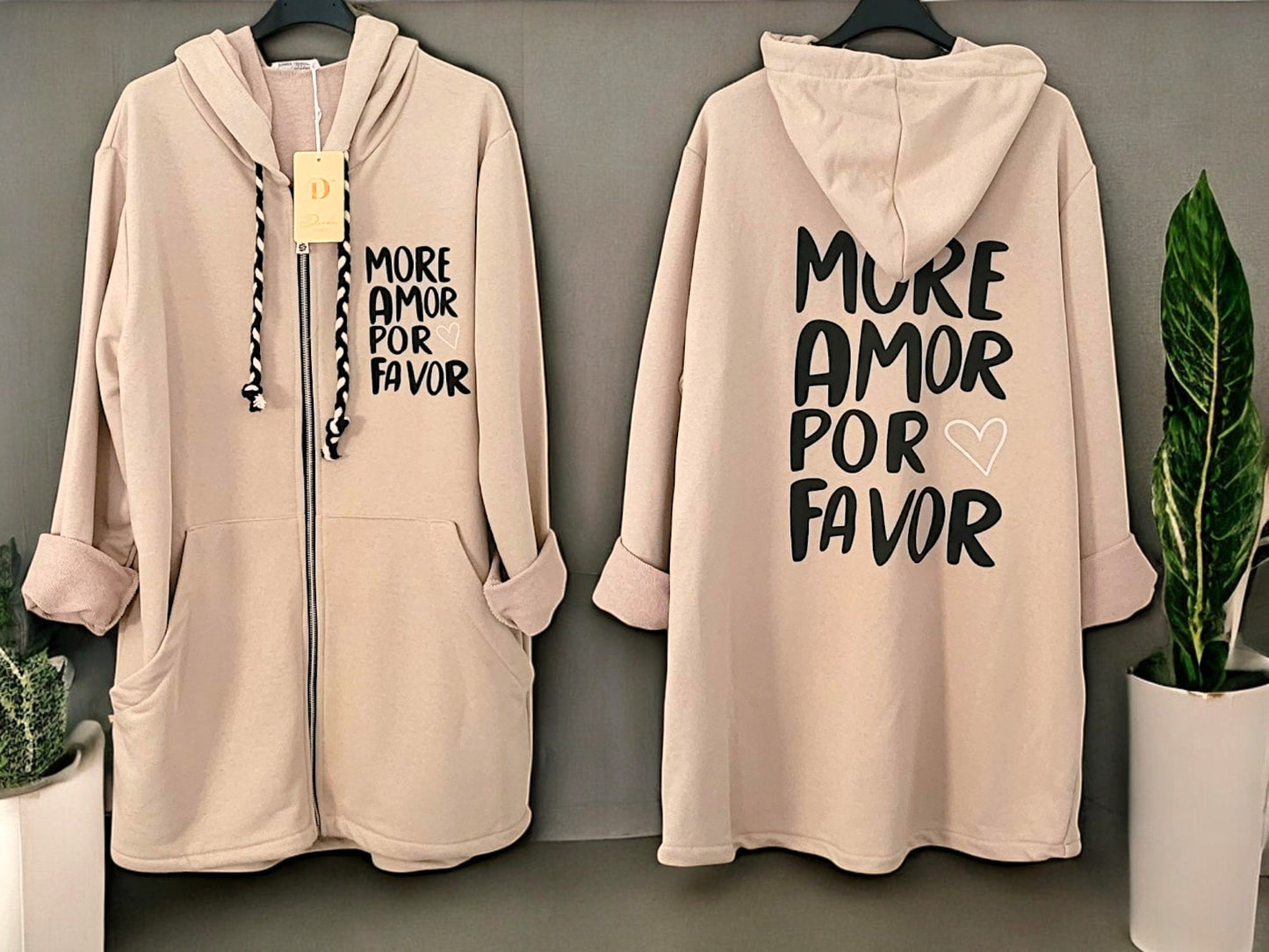 ✨ Sweatjacke mit Kapuze & Statement-Print "MORE AMOR POR FAVOR" 🌸  Gr. 38-46 | 4 Farben zur Auswahl 🖤🤎🤍🌿